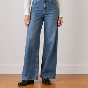 NEW Zara High Waisted Wide Leg Pleated Jeans Cotton Blue Denim Size 2